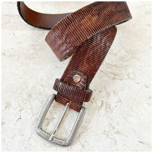 BALDININI Belt M Wavy Brown Leather Silver Square Buckle 90 Euro ITALY